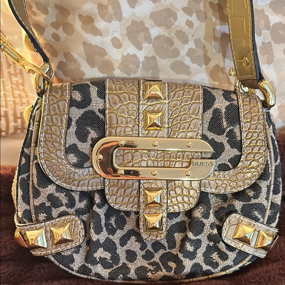 Guess Leopard Print Shoulder Bag with Gold Accents